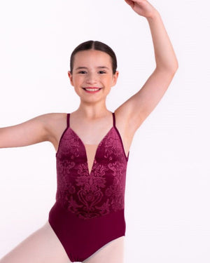 Total Dance Studio Wear Venetian Leotard - Embossed Velvet Dance Leotard with Deep V Mesh - Leotards - Close-up