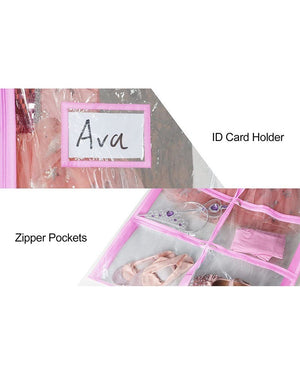 Clear garment bag holding dance costumes with shoe pocket