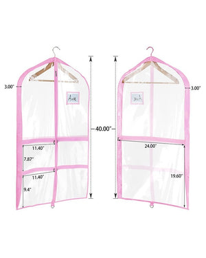 Clear garment bag showing zippered accessory pockets and ID card holder