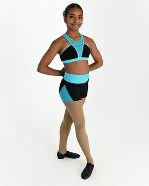 Young dancer wearing the Electra mesh panel high waisted dance shorts in Lagoon