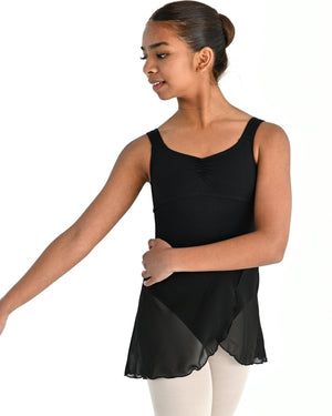 Young dancer wearing the Mesh Pull-On Ballet Wrap Skirt in Black, alternate view