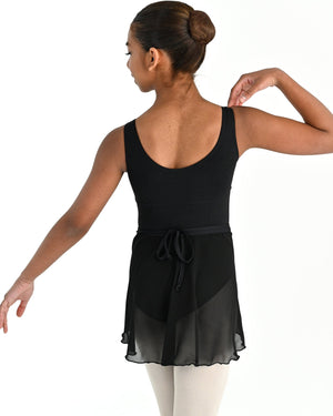 Young dancer wearing the Mesh Pull-On Ballet Wrap Skirt in Black, alternate view