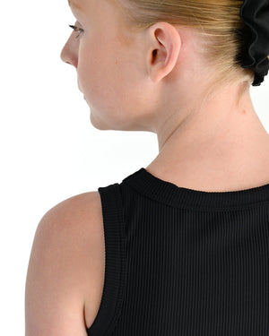 Young dancer wearing the Ribbed high neck dance singlet in Black, alternate view