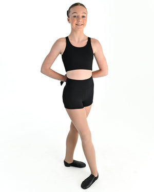 Young dancer wearing the Aura tie back dance crop top in Black
