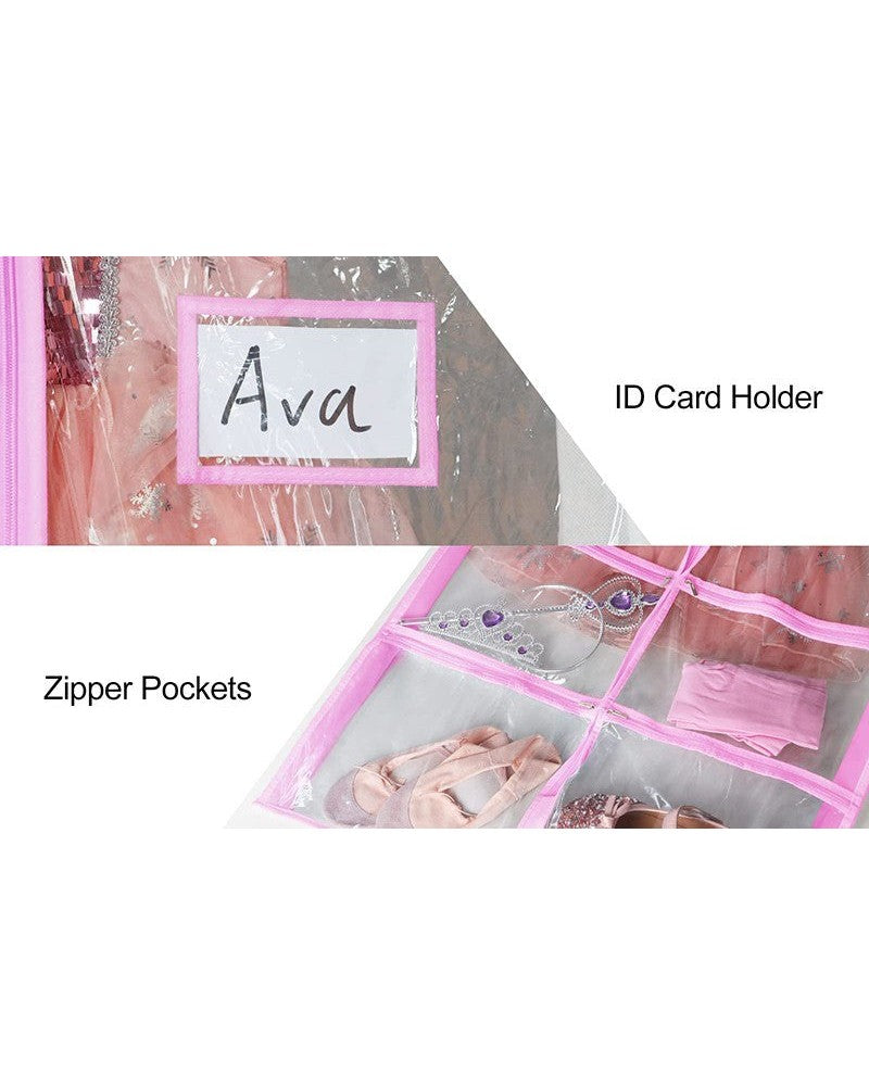 Clear garment bag holding dance costumes with shoe pocket