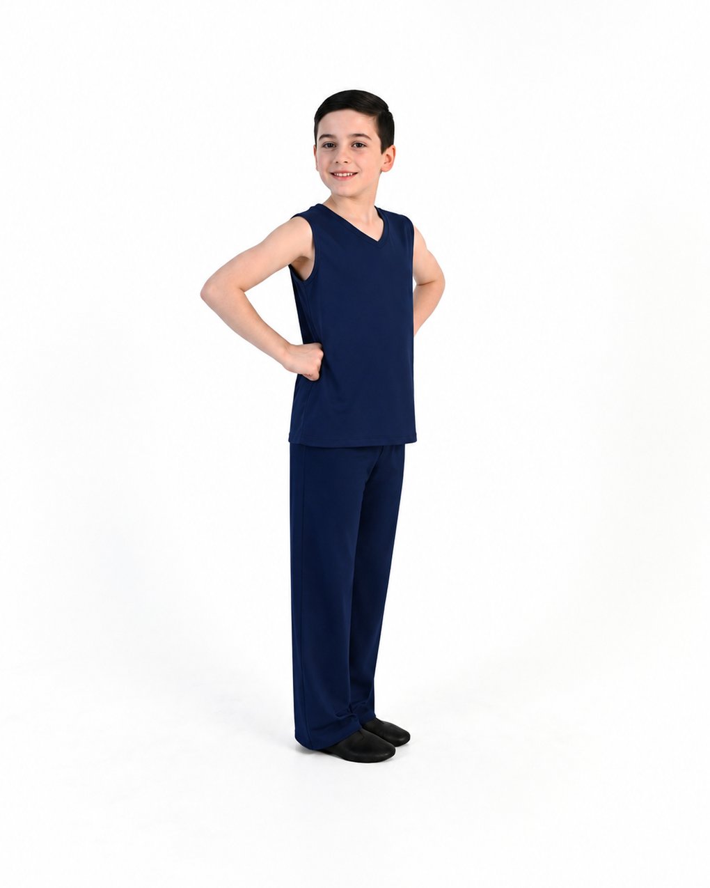 Young dancer wearing the Essential Boys Dance Tank in Navy, alternate view