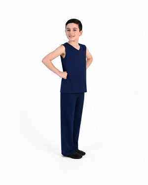 Young dancer wearing the Essential Boys Dance Tank in Navy, alternate view
