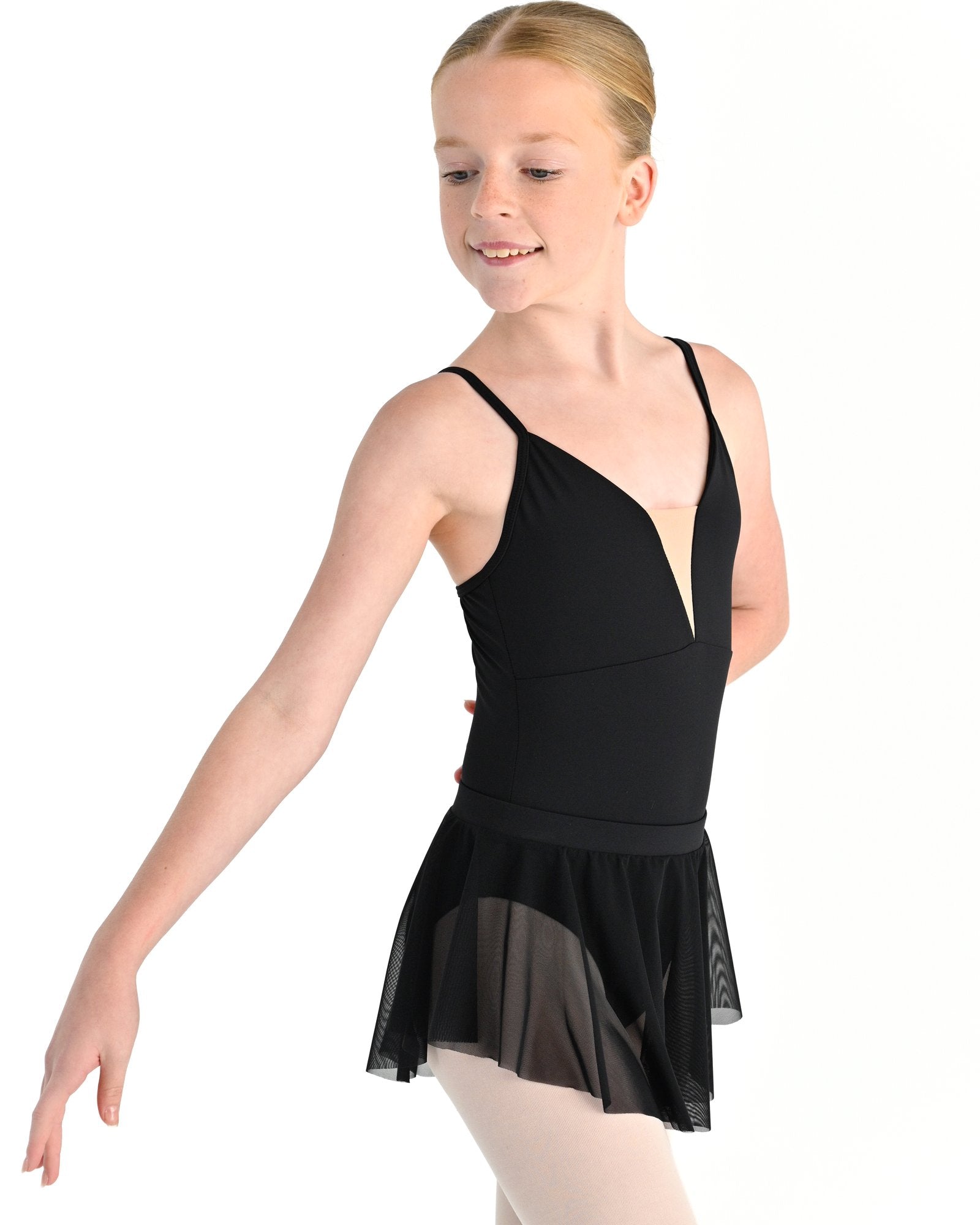 Young dancer wearing the Estelle stretch mesh pull on ballet skirt in Black