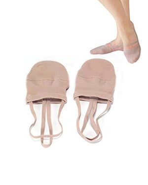 Gymnastics toe socks in nude, shown flat and worn on the foot