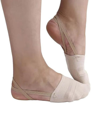 Gymnastics toe socks in nude worn on the foot, showing the elastic heel strap
