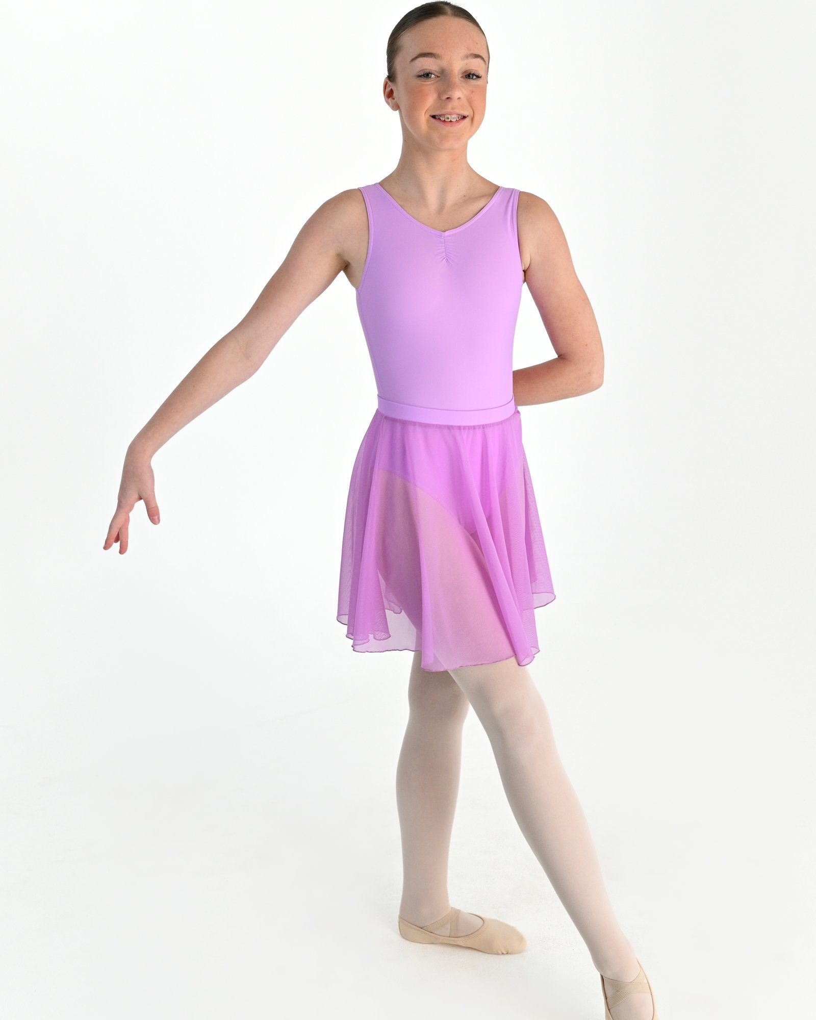 Young dancer wearing the Julietta Chiffon Circle Skirt in Wisteria