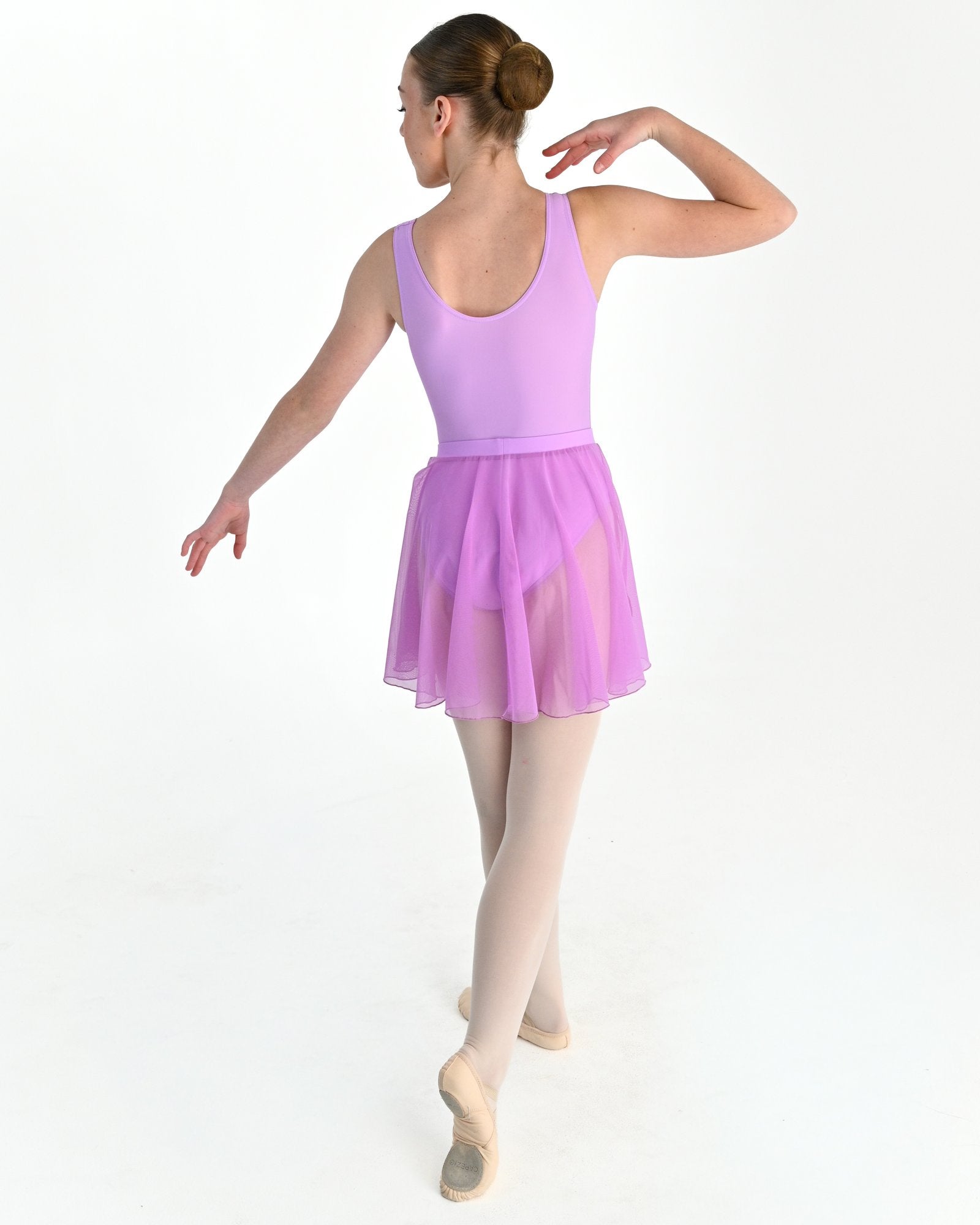 Young dancer wearing the Julietta Chiffon Circle Skirt in Wisteria, alternate view