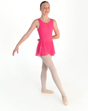 Young dancer wearing the Mesh Pull-On Ballet Wrap Skirt in Hot Pink