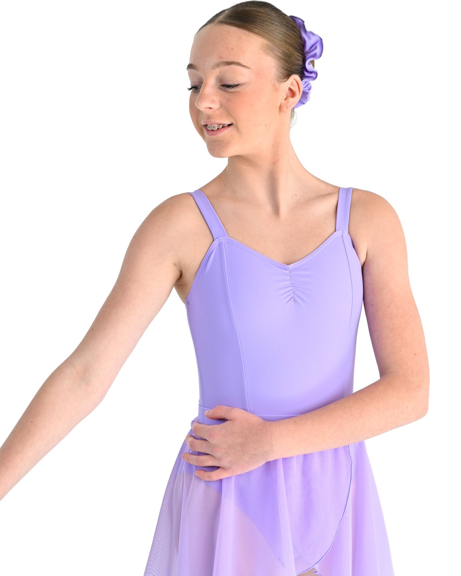 Young dancer wearing the Mesh Pull-On Ballet Wrap Skirt in Lilac, alternate view