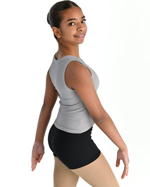 Young dancer wearing the Ribbed high neck dance singlet in Grey, alternate view