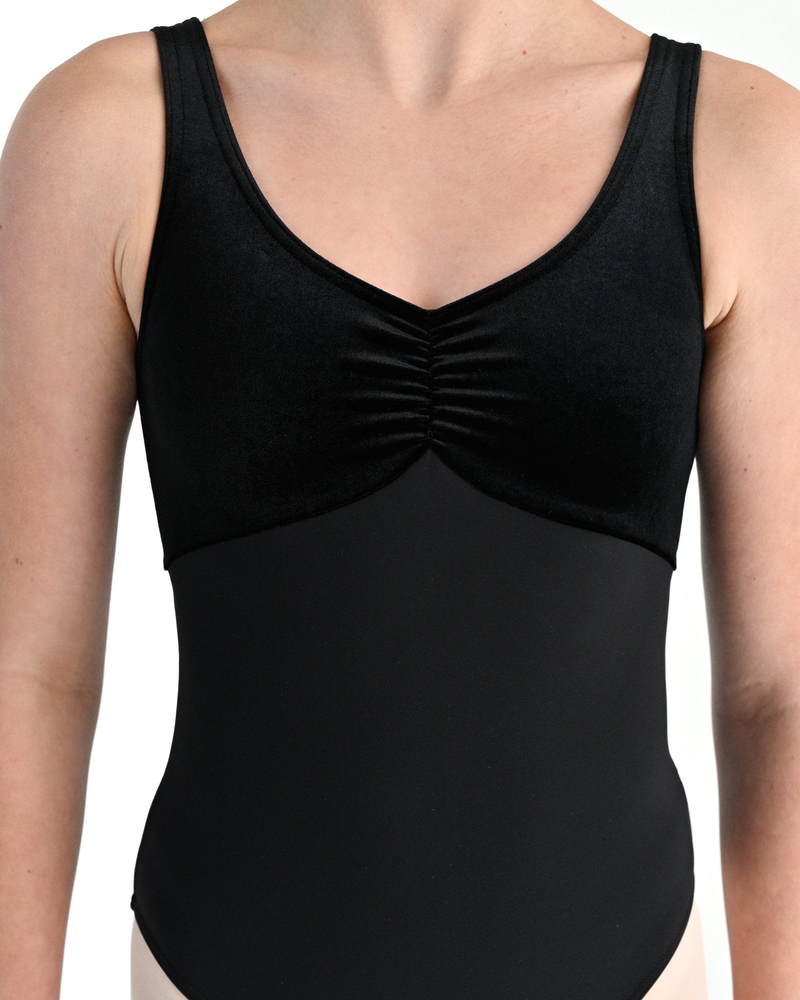 Young dancer wearing the Valentina velvet dance leotard in Black, alternate view